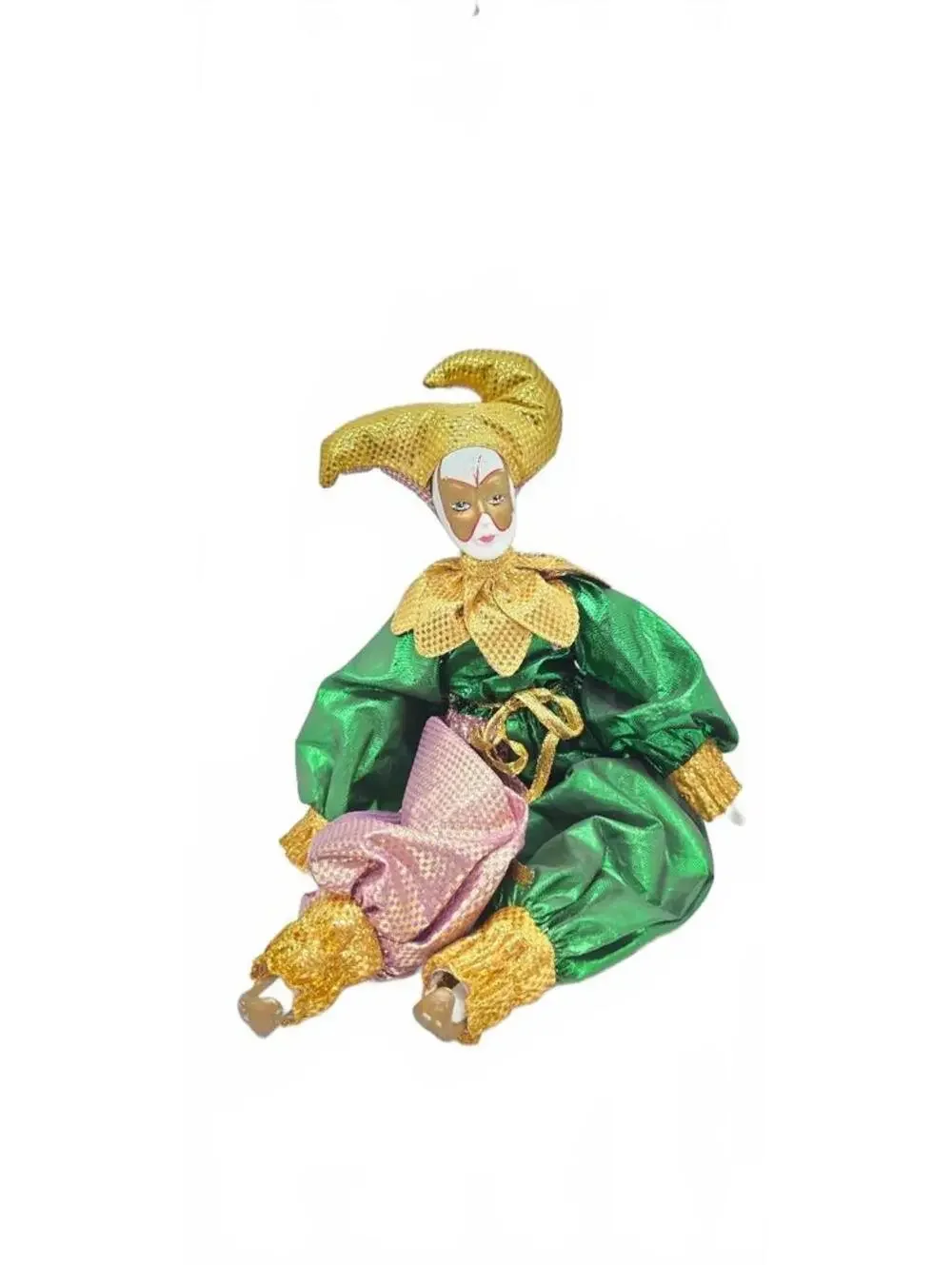 Vintage Harlequin Jester Porcelain Doll with Fabric Costume